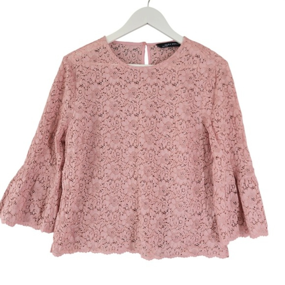 Zara Woman Floral Lace Blouse Womens Large Pink Bell Sleeve Romantic Boho